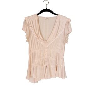 Flounce tbd Ivory Cream 100% Silk Ruffle Peplum V-Neck Tee shirt Blouse